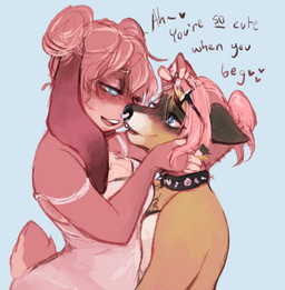 anthro black_nose blue_background blue_eyes blush breasts brown_body brown_fur cleavage clothed clothing collar dialogue duo facial_piercing female female/female fingerless_(marking) floppy_ears fur hair hair_bun hand_on_head heart_symbol lingerie looking_at_another multicolored_body multicolored_fur nose_piercing nude open_mouth piercing pink_body pink_fur pink_hair scut_tail septum_piercing short_hair short_tail simple_background spiked_collar spikes tail teeth text tongue two_tone_body two_tone_fur white_body white_fur closetcanibal cherry_(whatebber) lilith_(kindreddemon) hare lagomorph leporid mammal procyonid rabbit raccoon english_text low_res