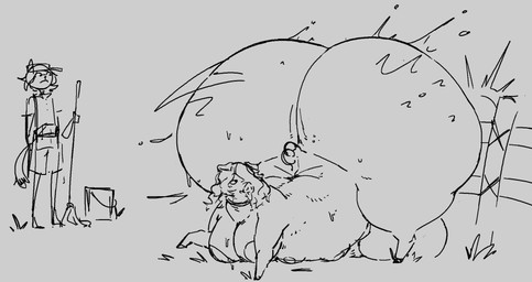 anthro balls big_balls big_breasts big_butt breasts busty_feral butt duo farm farmer feral genitals hair hair_over_eye huge_balls huge_butt hyper hyper_balls hyper_butt hyper_genitalia intersex long_hair male multi_breast thick_thighs cyrovon domestic_pig mammal suid suine sus_(pig) hi_res monochrome