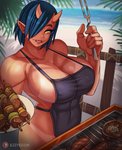 apron apron_only beach big_breasts blue_hair breasts clothing cooking deltoids fangs female food grill hair horn huge_breasts humanoid_pointy_ears kebab meat mostly_nude muscular muscular_female muscular_humanoid not_furry pointy_ears pupils sausage sea seaside shish_kebab slit_pupils solo suntan tan_line teeth water yellow_eyes ezzyecchi asian_mythology east_asian_mythology japanese_mythology mythology plus-sized_elf oga_(plus-sized_elf) demon humanoid oni yokai 2020 hi_res