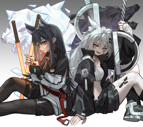 black_clothing black_gloves black_hair black_handwear black_legwear black_pantyhose cigarette cigarette_in_mouth clothing duo ear_piercing ear_ring eye_scar facial_scar female fingerless_gloves fire gloves grey_eyes hair handwear holding_lighter holding_object human_and_animal_ears legwear lighter melee_weapon multi_ear object_in_mouth pantyhose piercing ring_piercing scar sitting smoking smoking_cigarette sword weapon white_clothing white_gloves white_hair white_handwear kouroukun arknights hypergryph studio_montagne lappland_(arknights) texas_(arknights) animal_humanoid canid canid_humanoid canine canine_humanoid humanoid mammal mammal_humanoid wolf_humanoid absurd_res hi_res