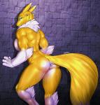 4_fingers anthro butt female fingers fur genitals gloves_(marking) markings muscular muscular_anthro muscular_female nude pose pussy raining solo water wet white_body white_fur yellow_body yellow_fur thunder-renamon bandai_namco digimon canid canine digimon_(species) mammal renamon 2016 absurd_res hi_res pinup