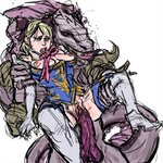 accessory balls blonde_hair blue_eyes blush boots breasts clothing duo female footwear genitals hair hair_accessory hair_ribbon male male/female nipples penis pubes purple_body purple_skin pussy ribbons shoes tongue tongue_out vaginal unknown_artist soul_calibur aeon_calcos aeon_calcos_(sc4) cassandra_alexandra human lizard lizardman mammal reptile scalie 1:1