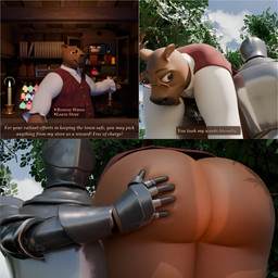 anthro armor big_butt bottomless brown_body brown_eyes brown_fur butt carrying_another clothed clothing dialogue duo eyewear fur glasses male male/male outside pupils smile text sesame_bun capybara caviid mammal rodent 1:1 3d_(artwork) absurd_res comic digital_media_(artwork) english_text hi_res