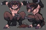 4_horns animal_genitalia animal_penis anthro balls big_flare big_penis black_body black_fur brown_body brown_fur crouching cuff_(restraint) digitigrade equine_genitalia equine_penis erection flared_penis fur genitals grey_background hooves horn long_penis male multi_horn muscular muscular_anthro muscular_male nude nude_anthro nude_male penis restrained restrained_arms restraints saggy_balls simple_background solo tan_body tan_fur teeth laobai mythology bai_(laobai) canid canine canis dragon hybrid mammal mythological_creature mythological_scalie scalie wolf hi_res