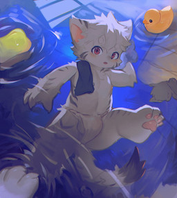 4_fingers 4_toes anthro arm_tuft asian_clothing balls black_markings blush cheek_tuft clothed clothing clothing_aside duo east_asian_clothing faceless_character facial_tuft feet fingers fundoshi fundoshi_aside fur genitals hair hand_on_shoulder japanese_clothing looking_at_viewer male markings nipples open_mouth pawpads red_eyes rubber_duck shota solo_focus sponge toes tuft underwear underwear_aside underwear_only wardrobe_malfunction water white_body white_clothing white_fundoshi white_fur white_underwear young young_anthro young_male cloudcat felid mammal pantherine tiger absurd_res hi_res