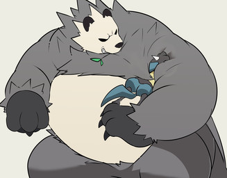 ambiguous_gender anthro armpit_sniffing belly claws duo finger_claws questionable_consent size_difference smile smirk sniffing struggling tail trapped 96_gatefield nintendo pokemon generation_4_pokemon generation_6_pokemon lucario pangoro pokemon_(species) hi_res