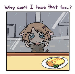 :c accessory ambiguous_gender bodily_fluids border bow_ribbon detailed_background ears_down egg_(food) glass hair_accessory hair_bow hair_ribbon hands_against_glass pivoted_ears plate question_mark ragged_clothing raining ribbons sad solo tail tears text white_border dr.kimochi ponos_corp. the_battle_cats neneko_(the_battle_cats) animal_humanoid felid felid_humanoid feline feline_humanoid humanoid mammal mammal_humanoid 2025 english_text signature
