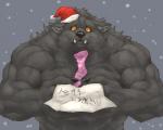 abs anthro biceps big_muscles biped black_nose bodily_fluids claws clothed clothing ear_tuft fangs footwear front_view fur grey_body grey_fur hat headgear headwear holidays huge_muscles hyper hyper_muscles legwear looking_at_viewer male muscular muscular_anthro muscular_male orange_eyes paper pecs pink_sock red_clothing red_hat red_headwear sad simple_background snow snowing socks solo standing tears teeth text topless tuft captainjohkid christmas mythology canid canine mammal mythological_canine mythological_creature werecanid werecanine werecreature werewolf 2015 5:4 digital_media_(artwork) hi_res japanese_text translated