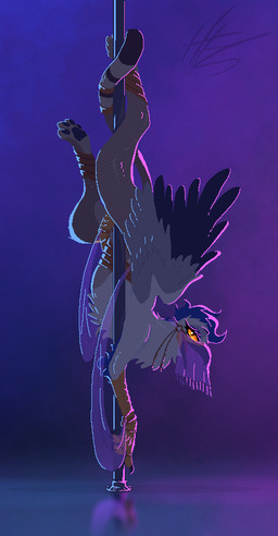 accessory anklet beak between_legs bracelet claws clothed clothed_feral clothing dancing eyelashes female feral furgonomics harem_outfit jewelry mostly_nude open_mouth orange_eyes pawpads pole pole_between_legs pole_dancing solo tail tail_accessory tail_around_pole tail_jewelry translucent translucent_clothing upside_down veil wings phlegraofmystery mythology emi_(nicanor) avian gryphon mythological_avian mythological_creature