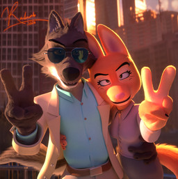 anthro barbell_piercing canon_couple clothed clothing collared_shirt detailed_background detailed_fur dress_shirt duo eyebrow_piercing eyelashes eyewear facial_piercing facial_tuft female fur gesture hand_gesture jewelry long_eyelashes looking_at_viewer male male/female outside piercing shirt standing suit sunglasses topwear tuft v_sign vermilionrenderworks furflection_(modeler) dreamworks grand_theft_auto_vi the_bad_guys diane_foxington mr._wolf_(the_bad_guys) canid canine canis fox mammal wolf 3d_(artwork) detailed digital_media_(artwork) hi_res signature