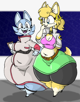 anthro belly big_breasts biped black_hooves blonde_hair blue_body blue_ears blue_fur blue_tail bottom_heavy bottomwear breasts choker clipboard clothed clothed_anthro clothed_female clothing duo ear_piercing ear_ring earpiece feet female female_anthro fur gloves_(marking) green_bottomwear green_clothing green_skirt hair holding_clipboard holding_object hooves huge_hips huge_thighs jacket jewelry leg_markings markings medium_breasts navel navel_outline necklace open_clothing open_jacket open_mouth open_smile open_topwear overweight overweight_anthro overweight_female piercing pink_clothing pink_shirt pink_tank_top pink_topwear ring_piercing scut_tail shirt short_tail skirt small_feet smile smiling_at_another socks_(marking) tail tank_top thick_thighs topwear unguligrade walking white_clothing white_jacket white_topwear wide_hipped_anthro wide_hipped_female wide_hips yellow_body yellow_fur yellow_tail blayaden sam_(blayaden) x-38_(maddeku) catrobis felid feline mammal colored digital_drawing_(artwork) digital_media_(artwork)