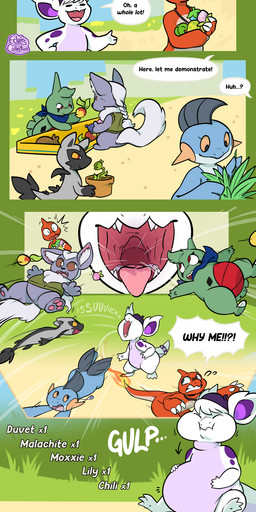 abdominal_bulge accessory ambiguous_gender angry anklet anthro bench berry box cheek_bulge clothing container dialogue fire flaming_tail food fruit furgonomics gameplay_mechanics group hammerspace hat headgear headwear inventory inventory_screen jewelry licking licking_lips mouth_focus multiple_prey necklace one_eye_closed open_mouth oral_vacuum oral_vore plant plant_pot potted_plant pouch_(clothing) scarf soft_vore sound_effects speech_bubble surprised swallowing swallowing_sound_effect tail tail_accessory tailband teeth text tongue tongue_out topwear vacuum_vore vest vore eclairscollection nintendo pokemon pokemon_pokopia chili_(some_nerd) duvet_(flamestar) lily_(bodyno) charmeleon cinccino ditto_(pokemon) generation_1_pokemon generation_2_pokemon generation_3_pokemon generation_5_pokemon hybrid hybrid_pokemon larvitar lizard marshtomp nidorina pokemon_(species) poochyena reptile scalie snivy absurd_res comic english_text hi_res female_(lore) male_(lore)