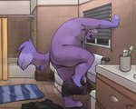 anthro armpit_hair bathroom biped black_nose bodily_fluids body_hair brush butt clothing detailed_background fur hair male mostly_nude musclegut muscular nipples overweight overweight_anthro overweight_male plantigrade purple_body purple_fur purple_hair purple_tail realistic_anatomy shower shower_head solo sweat tail tongue tongue_out toothbrush underwear undressing unnatural_colors window spyz_(artist) kodi_(spyz) canid canine mammal 2022 digital_drawing_(artwork) digital_media_(artwork) shaded watermark