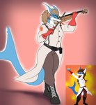 anthro biped boots bowed_string_instrument clothed clothing cosplay costume female footwear musical_instrument shark_tail shoes simple_background solo string_instrument violin photolol.03 team_fortress_2 valve medic_(team_fortress_2) trixie_(photolol.03) fish marine shark hi_res