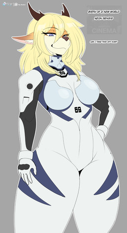anthro antlers armor blonde_hair bodysuit breasts clothing dialogue female female_anthro fingers fur hair horn looking_at_viewer looking_down low-angle_view mech_suit orange_body orange_fur plugsuit science_fiction skinsuit solo text tight_clothing white_body white_fur sly_shadex absolute_cinema neon_genesis_evangelion deer mammal flat_colors hi_res