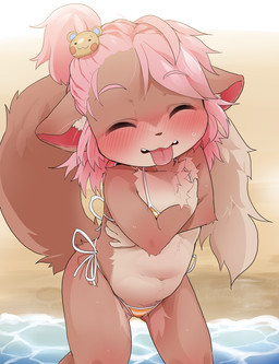 accessory anthro beach belly bikini blush bodily_fluids breasts brown_body brown_fur clothed clothing countershading covering covering_breasts covering_self cute_fangs eyes_closed fangs female fluffy fluffy_tail fur hair hair_accessory loli long_tail making_faces navel pink_hair pivoted_ears red_eyes sand seaside skimpy skimpy_bikini skimpy_bottomwear skimpy_swimwear slim small_breasts solo string_bikini sweat swimwear tail teeth tongue tongue_out triangle_bikini two-piece_swimsuit water young young_anthro young_female dagasi momo_(dagasi) canid canine fox mammal hi_res