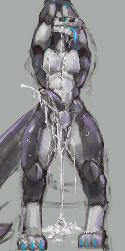 3_toes abs anthro athletic athletic_anthro athletic_male balls bdsm bedroom_eyes blue_eyes blue_tongue blush bodily_fluids bondage bound claws countershading cum cum_covered cum_drip cum_from_mouth cum_in_mouth cum_inside cum_on_abs cum_on_balls cum_on_chest cum_on_ground cum_on_leg cum_on_penis cum_on_self digitigrade dripping ejaculation erection excessive_cum excessive_genital_fluids feet front_view genital_fluids genitals grey_background grey_body hands_above_head hands_tied hands_tied_above_head looking_at_viewer looking_down low-angle_view machine male messy narrowed_eyes nude_anthro nude_male open_mouth pecs penis quads screen screen_face seductive simple_background solo standing tail toe_claws toes tongue tongue_out visor white_body white_countershading vekyn komuros robot robot_anthro synth_(vader-san) 2026 absurd_res colored colored_sketch digital_drawing_(artwork) digital_media_(artwork) hi_res signature sketch