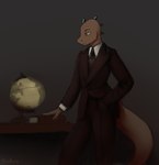 anthro black_clothing black_necktie black_suit book clothing cuff_links dark dark_room formal_wear furniture globe male necktie shirt solo suit table tail thick_tail topwear white_clothing white_shirt white_topwear sunhuiz saucy_(sunhuiz) lizard reptile scalie hi_res