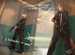 anthro duo gun male ranged_weapon weapon panzery25 meo ragey canid canine canis cougar felid feline mammal wolf hi_res