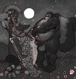 after_battle anthro anthro_on_anthro armor balls bdsm belly big_balls big_belly biped bodily_fluids bondage bound cum dominant dominant_male drooling duo erection feet flower foreskin full_moon galea genital_fluids genitals grass head_grab headgear helmet humanoid_feet humanoid_genitalia humanoid_hands humanoid_penis interspecies kneeling larger_dom larger_male male male/male manly melee_weapon moon musclegut muscular muscular_male night nipples nude obese obese_male outside overweight overweight_male partially_retracted_foreskin penis plant plantigrade polearm public questionable_consent roman saliva shield size_difference sky smaller_male spear standing star starry_sky submissive submissive_male thick_penis weapon dramamine felid leopard mammal mephitid pantherine skunk snow_leopard greyscale hi_res monochrome