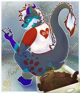 anthro big_butt big_tail bodily_fluids butt clothing electronics excessive_feces feces fur genital_fluids hair horn hyper hyper_feces lyonelhy male peeing phone pooping pooping_in_toilet shirt sitting solo tail text toilet toilet_seat toilet_use topwear urine watersports mirok hi_res