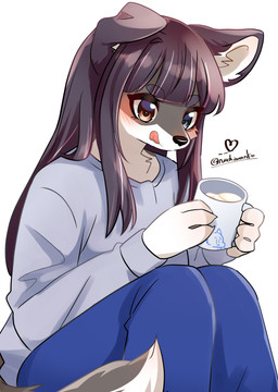 anthro beverage blep blush clothed clothed_anthro clothed_female clothing container cup female female_anthro fur hair heart_symbol heterochromia holding_beverage holding_object kemono long_hair milk mug solo tail tongue tongue_out nachiwanko canid canine canis domestic_dog mammal 2022 absurd_res digital_media_(artwork) hi_res