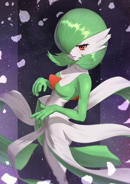 breasts eyelashes female green_hair hair medium_breasts navel one_eye_obstructed open_mouth red_eyes solo teeth white_body locomixt1 nintendo pokemon gardevoir generation_3_pokemon humanoid pokemon_(species) 2026 absurd_res hi_res signature
