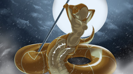 abs anthro apode breasts cloud coiled_tail featureless_breasts female full_moon genitals legless light living_tail looking_at_viewer melee_weapon moon moonlight muscular night nude nude_female polearm scales serpentine simple_background snake_hood snake_tail snow snowing solo spear split_form tail unusual_anatomy unusual_tail vulva weapon yellow_eyes oricyuwu ino_hodeco draconcopode lamia naga reptile scalie snake viper 16:9 4k absurd_res hi_res widescreen