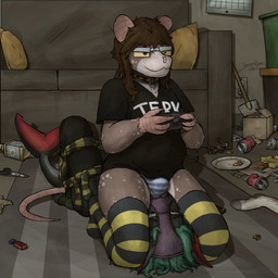 anthro bdsm bondage bound brown_body brown_fur brown_hair bulge bulge_in_face bulge_sniffing clothed clothing collar controller dirty dirty_clothing dirty_socks dominant dominant_gynomorph dominant_intersex duo electronics facesitting footwear frogtied fur furniture gag gagged game_controller gaming green_hair gynomorph gynomorph/male hair hands_behind_back head_between_thighs intersex intersex/male legs_tied legwear male messy_room musk pantyhood pattern_clothing pattern_legwear pattern_stockings playing_video_game shirt sitting sitting_on_another sniffing sniffing_clothes socks stirrup_legwear stirrup_stockings stockings striped_clothing striped_legwear striped_stockings stripes submissive submissive_male tail topwear underwear underwear_on_face underwear_sniffing emmetalbenny smitty_(smitty_the_shark) aquatic fish mammal murid murine rat rodent shark 1:1 absurd_res hi_res