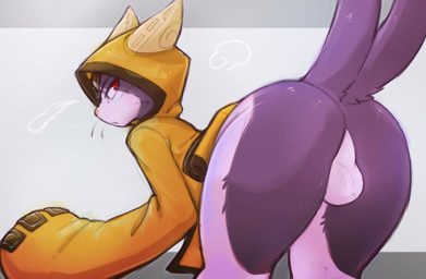 2_tails anthro balls butt clothing coat genitals male multi_tail presenting presenting_hindquarters red_eyes solo tail topwear minzemilk arc_system_works blazblue jubei_(blazblue) beastkin domestic_cat felid feline felis mammal