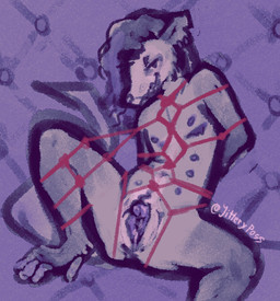andromorph anthro bdsm body_harness bondage bound ear_piercing facial_hair frogtied genitals grin hands_tied harness harness_only intersex legs_tied looking_at_viewer mastectomy_scar multi_nipple nipples padded_room piercing presenting presenting_vulva pubes purple_vulva restraints rope rope_bondage rope_harness scar sidecut sitting smile solo spread_legs spreading vulva jitteryposs ray_(jitteryposs) american_opossum mammal marsupial sketch trans_(lore) trans_man_(lore)