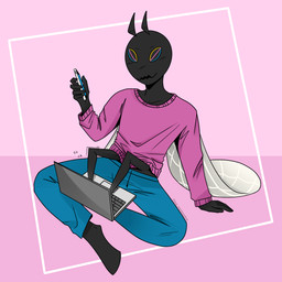 antennae_(anatomy) anthro clothed clothing computer electronics holding_object holding_phone laptop lounging male mandibles multi_arm multi_limb multicolored_eyes phone pink_background pink_clothing pink_shirt pink_topwear shirt simple_background sitting solo topwear typing wings daisy-marshmallow rob_(daisy-marshmallow) arthropod fly_(animal) insect 1:1 absurd_res digital_media_(artwork) hi_res