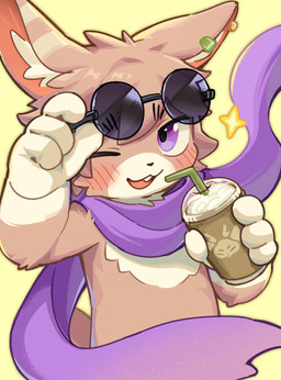 anthro blush chest_tuft container cup disposable_cup drinking_straw eyewear high-angle_view holding_eyewear holding_object holding_sunglasses kemono looking_at_viewer male one_eye_closed open_mouth purple_eyes purple_scarf scarf simple_background solo sunglasses tuft wink winking_at_viewer kuromu fabulous_beasts tuye_(fabulous_beasts) lagomorph leporid mammal rabbit 2025 absurd_res hi_res