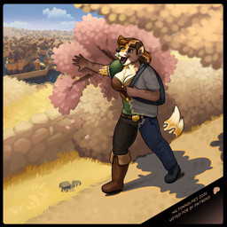 backpack belt blue_eyes boots bottomwear breasts brown_hair clothing day female footwear grass hair human_to_anthro open_mouth outside pants plant rock shirt shoes smile species_transformation stone_wall tail topwear town transformation tree walking wall_(structure) water miltonholmes clara_nethe milton_(miltonholmes) canid canine fox human mammal 2026 digital_media_(artwork) hi_res