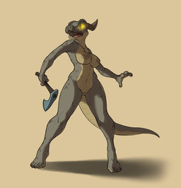 anthro areola axe battle_axe breasts brown_areola brown_nipples casual_nudity digitigrade fangs female genitals glowing glowing_eyes melee_weapon nipples non-mammal_breasts non-mammal_nipples nude open_mouth scales simple_background solo tail teeth vulva weapon yellow_body yellow_eyes yellow_scales siroc microsoft the_elder_scrolls argonian reptile scalie 2016 hi_res