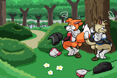 annoyed anthro black_bottomwear black_clothing black_shorts blue_eyes bottomless bottomless_anthro bottomless_male bottomwear bottomwear_aside brown_body brown_fur butt cheek_tuft clothed clothing clothing_aside crouching diaper diaper_aside dipstick_tail duo facial_tuft feces feces_on_ground feces_pile flower forest forest_background freckled_face freckles frown fur grass grey_eyes hand_on_tree head_tuft hoodie leg_markings male male_pooping markings multicolored_hoodie nature nature_background orange_body orange_fur plant pooping pooping_on_floor raised_tail shorts shorts_aside shrub socks_(marking) tail tail_markings tan_body tan_fur topwear tree tuft white_body white_fur ritzcat ritz_(ritzcat) canid canine domestic_cat felid feline felis fox mammal 3:2 hi_res
