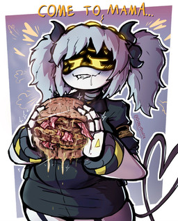 accessory aroused bacon belly big_belly big_breasts bite biting_lip blush blush_lines bodily_fluids bottomwear bow_ribbon breasts breath burger cheese clenched_teeth clothing dairy_products dripping dripping_wet drooling fangs female food food_fetish garter_straps gesture glowing glowing_eyes grease grey_hair hair hazard_stripes headband heart_symbol hearts_around_head holding_burger holding_food holding_object hungry machine meat messy office_lady overweight panting pencil_skirt pigtails saliva saliva_string screen screen_face sharp_teeth simple_background skirt slightly_chubby solo steam steamy_breath stripes suit sweat sweatdrop tail tail_gesture tail_heart teeth text thick_thighs twintails_(hairstyle) white_body wide_hips yellow_eyes yellow_text diddlydooter1 glitch_productions murder_drones j_(murder_drones) disassembly_drone humanoid robot robot_humanoid artist_name digital_drawing_(artwork) digital_media_(artwork) hi_res signature