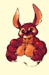 2011 alien big_muscles black_eyes disney experiment_(lilo_and_stitch) fan_character fur furry_(artist) grin lilo_and_stitch long_ears male muscular muscular_male notched_ear red_body red_fur scar simple_background smile solo stray_(furry) vein yellow_background