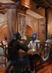 alcohol anthro beverage dinner duo_focus group male restaurant wine deusexmoose tallow avian bird fairywren lizard malurid oscine passerine reptile scalie superb_fairywren digital_media_(artwork) digital_painting_(artwork) hi_res painting_(artwork)