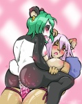 anthro anthro_on_anthro anus bear black_body black_fur blush bodily_fluids breasts brown_body brown_fur butt cowgirl_position cum dildo duo ear_piercing eyes_closed female female/female female_on_bottom female_on_top female_penetrated female_penetrating female_penetrating_female from_front_position fur genital_fluids genitals giant_panda green_hair hair heart_symbol lucah lying mammal nipples nude on_back on_bottom on_top one_eye_closed open_mouth orgasm penetration piercing pillow purple_hair pussy pussy_juice_on_dildo red_eyes romantic romantic_couple sex sex_toy simple_background straddling strapon strapon_sex toying_partner vaginal vaginal_fluids vaginal_penetration white_body white_fur