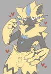 annoyed anthro balls black_body blush claws erection fur genitals hand_on_hip heart_symbol looking_at_viewer male navel paws penis simple_background small_penis solo stripes yellow_body yellow_fur kurokiriririri nintendo pokemon generation_7_pokemon legendary_pokemon pokemon_(species) zeraora hi_res