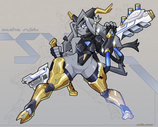 anthro antlers armor armored_boots bangs biped blue_eyes bottomless clothed clothing dream_breaker_(pseudoregalia) featureless_crotch female fingerless_gloves fur gauntlets gloves gold_(metal) gold_armor gold_jewelry grey_body grey_fur handwear holding_object holding_weapon horn jewelry melee_weapon science_fiction solo tail text thick_thighs weapon ishiexe pseudoregalia sybil_(pseudoregalia) bovid caprine goat jackalope lagomorph leporid mammal rabbit absurd_res english_text hi_res