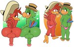 anthro anus balls butt clothing duo feathers genitals green_body green_feathers half-closed_eyes heart_symbol looking_at_viewer looking_back male narrowed_eyes panties penis red_body red_feathers underwear vein veiny_penis blackmore disney the_three_caballeros jose_carioca panchito_pistoles avian bird chicken galliform gallus_(genus) parrot phasianid 2021 absurd_res hi_res