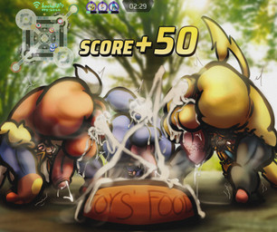 all_fours animal_genitalia animal_penis anthro anus ass_up backsack balls bdsm big_balls big_butt black_body blue_body blue_fur bodily_fluids bowl butt butt_focus canine_genitalia canine_penis container cum cum_drip cum_expulsion cum_fart cum_from_ass cum_in_ass cum_in_bowl cum_in_container cum_inside cum_on_balls cum_on_penis dripping ejaculation feline_genitalia feline_penis foreskin fur gameplay_mechanics gaping gaping_anus genital_fluids genitals group gui health_bar humanoid_genitalia humanoid_penis leash male motion_lines musk on_ground orange_body orange_fur outside parody pawpads penis petplay plant presenting presenting_anus presenting_balls presenting_hindquarters presenting_penis prolapse puffy_anus raised_tail roleplay scut_tail short_tail standing tail text tongue tongue_out tree trio yellow_body yellow_fur kochapatsu nintendo pokemon pokemon_unite canid canine cinderace felid feline generation_4_pokemon generation_7_pokemon generation_8_pokemon lagomorph legendary_pokemon leporid lucario mammal pokemon_(species) rabbit zeraora 2022 absurd_res hi_res