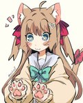 :3 blue_eyes bow_tie female green_bow_tie pawpads paws pink_pawpads red_bow simple_background solo star_eyes tail white_background paccha_(artist) vtuber neuro_(vtuber) animal_humanoid cat_humanoid felid felid_humanoid feline feline_humanoid humanoid mammal mammal_humanoid 2023 artist_name colored