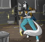 anthro ballistic_shield biped bullet detailed_background male multi_arm multi_limb outside prosthetic prosthetic_arm prosthetic_limb shield solo tail_gun warfare gemerency famel canid canine fox mammal digital_drawing_(artwork) digital_media_(artwork) hi_res shaded