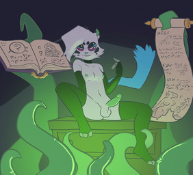 3_toes 4_fingers anthro arm_warmers armwear balls beckoning bedroom_eyes black_body black_fur blue_body blue_fur blue_tail clothing dresser feet fingers footwear fur furniture genitals gesture green_body green_skin humanoid_genitalia humanoid_penis imminent_sex legwear looking_at_viewer magic magic_user male narrowed_eyes nipples penis presenting scroll seductive solo tail tentacles thigh_highs toeless_footwear toes white_body white_fur metal_(artist) metal_(character) felid feline mammal 2023 hi_res