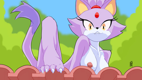 5_toes anthro bite biting_lip breasts claws feet female gem jewelry leaning_on_edge looking_at_viewer looking_down low-angle_view pawpads paws peek pink_pawpads plantigrade raised_tail rooftop smile solo spread_toes tail tile toes yellow_eyes nahadon sega sonic_the_hedgehog_(series) blaze_the_cat domestic_cat felid feline felis mammal