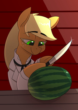 blonde_hair clothing eyebrow_through_hair eyebrows female feral food fruit green_eyes hair knife melon plant quadruped solo sparkles suit translucent translucent_hair watermelon underpable friendship_is_magic hasbro my_little_pony applejack_(mlp) equid equine horse mammal pony absurd_res hi_res