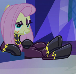 blue_eyes blush clothing eyeshadow female feral hooves latex latex_clothing legs_up makeup raised_hoof screencap shadowbolts_uniform smile smug solo starbounce third-party_edit friendship_is_magic hasbro my_little_pony fluttershy_(mlp) shadowbolts_(mlp) equid equine horse mammal pony hi_res portrait screencap_edit three-quarter_portrait